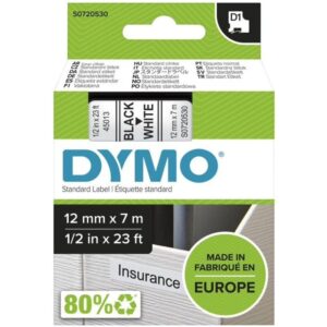 Cinta Rotuladora Adhesiva de Plástico Dymo D1 45013/ para Label Manager/ 12mm x 7m/ Negra-Blanca - 5411313450133