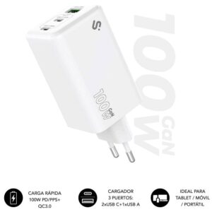 Cargador de Pared GaN Subblim 100W Charger USB C+C+A/ 2xUSB Tipo-C/ 1xUSB/ 100W