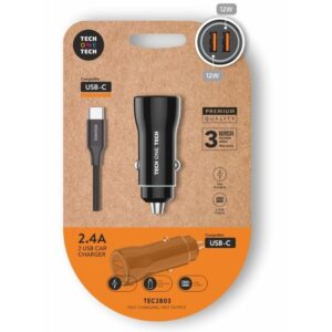 Cargador de Coche Tech One Tech TEC2803/ 2xUSB + Cable USB Tipo-C/ 12W - 8436546594727