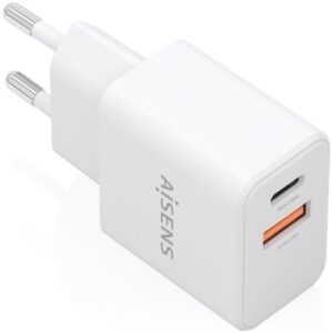 Cargador de Pared GaN Aisens A110-1025/ 1xUSB Tipo-C/ 1xUSB/ 20W/ Blanco